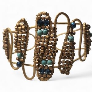 Artisan Brass Wire Wrapped Turquoise Cuff Bracelet Boho Southwest Statement